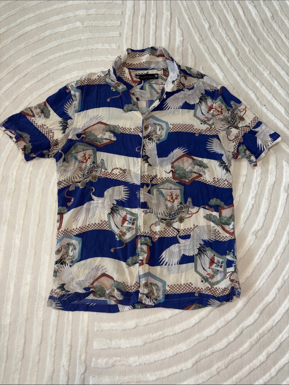 AllSaints Blue & Cream Crane-Print Short-Sleeve Button-Down Shirt